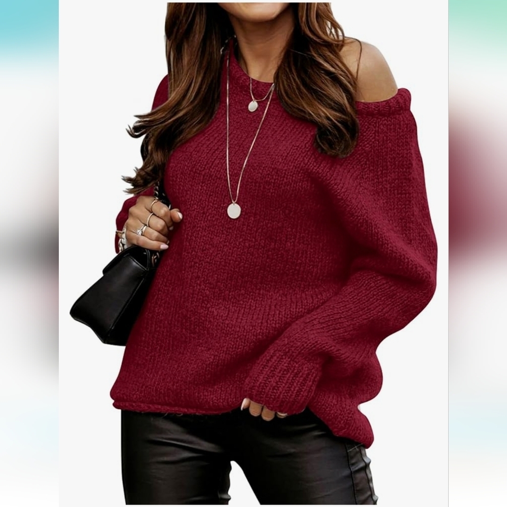 BTFBM Women Casual Long Sleeve Fall Sweaters Crew Neck Red XL - Picture 6 of 7